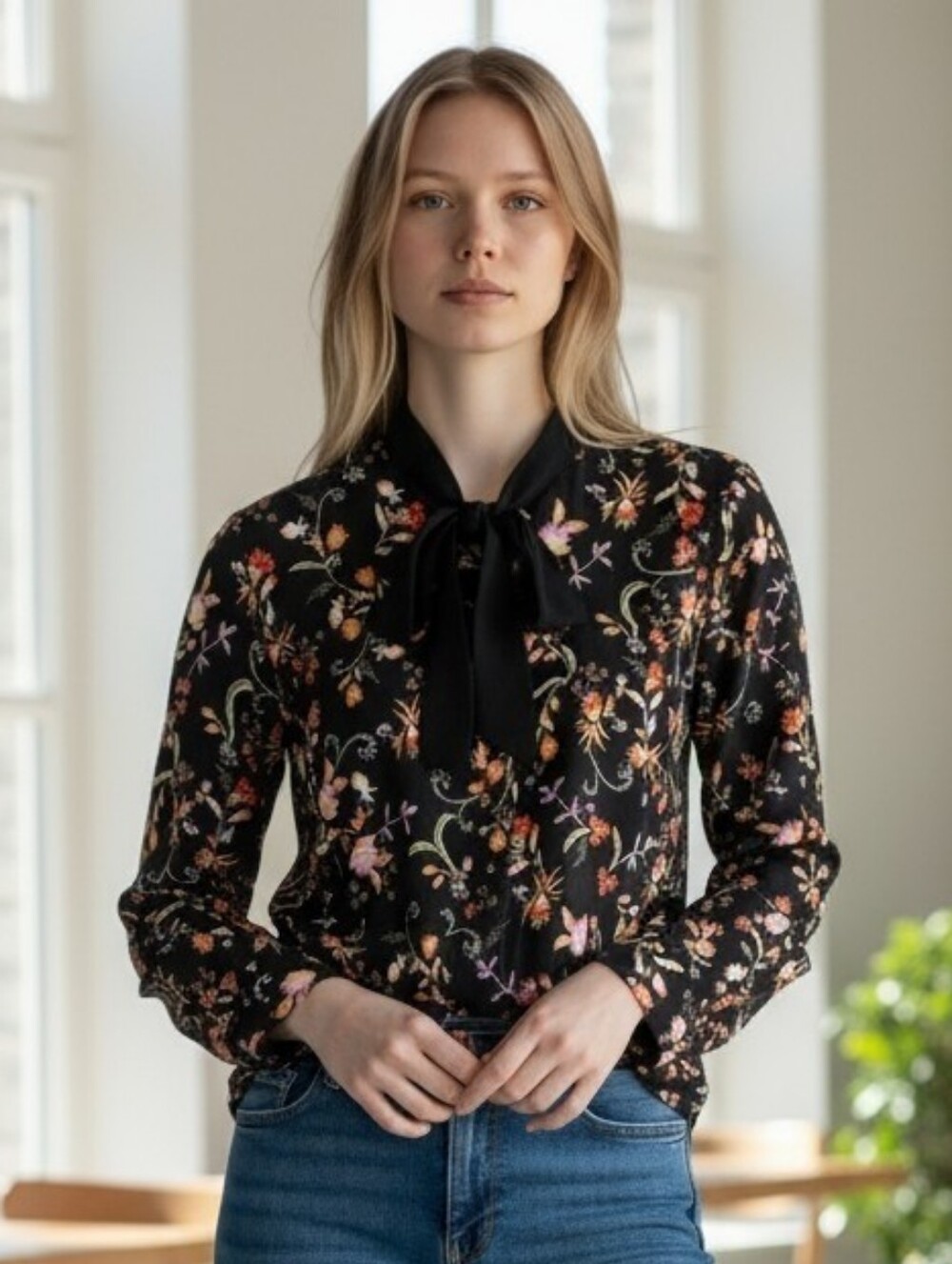 Just Fab Floral Long Sleeve Bouse Bow Tie Neck Sz. Large
